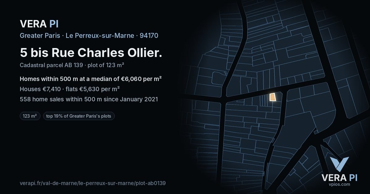 5 bis Rue Charles Ollier, Le Perreux-sur-Marne at night – the plot lit, the parcels around coloured by the prices near them