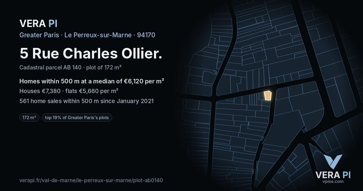 5 Rue Charles Ollier, Le Perreux-sur-Marne at night – the plot lit, the parcels around coloured by the prices near them