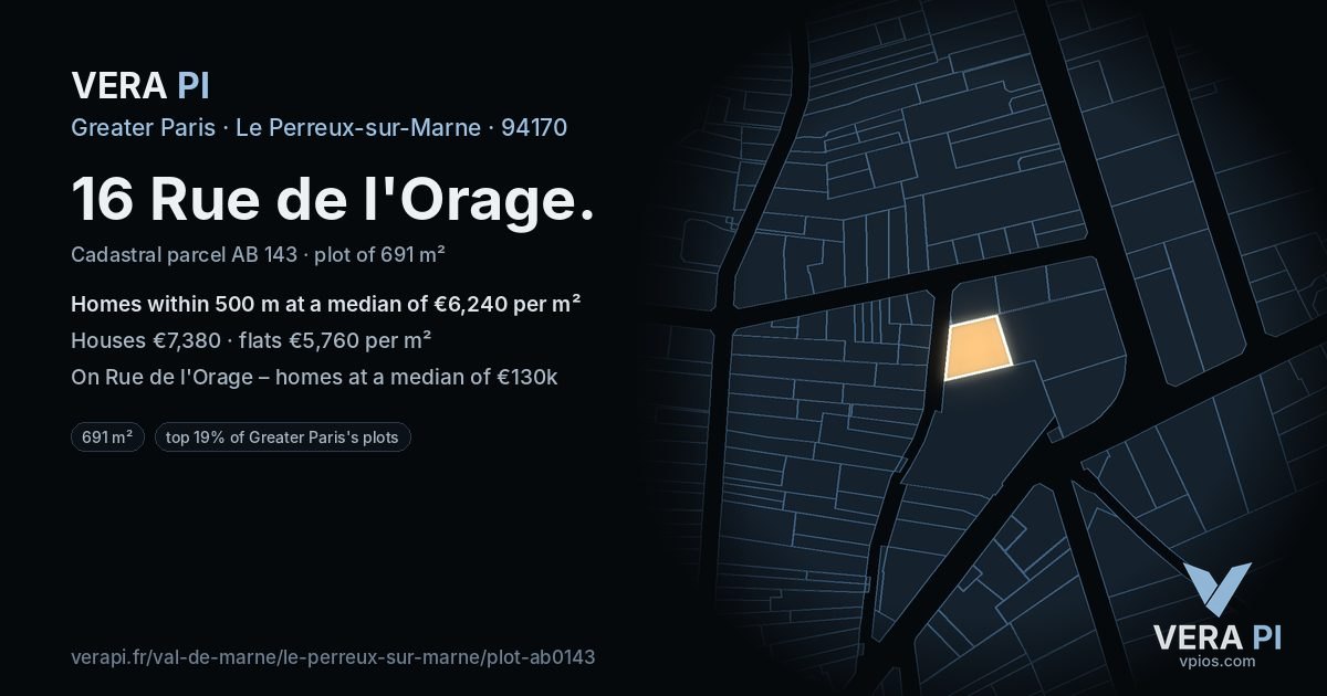 16 Rue de l'Orage, Le Perreux-sur-Marne at night – the plot lit, the parcels around coloured by the prices near them