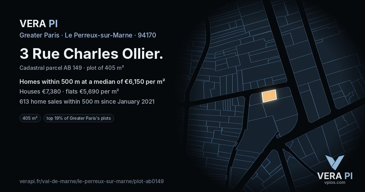 3 Rue Charles Ollier, Le Perreux-sur-Marne at night – the plot lit, the parcels around coloured by the prices near them