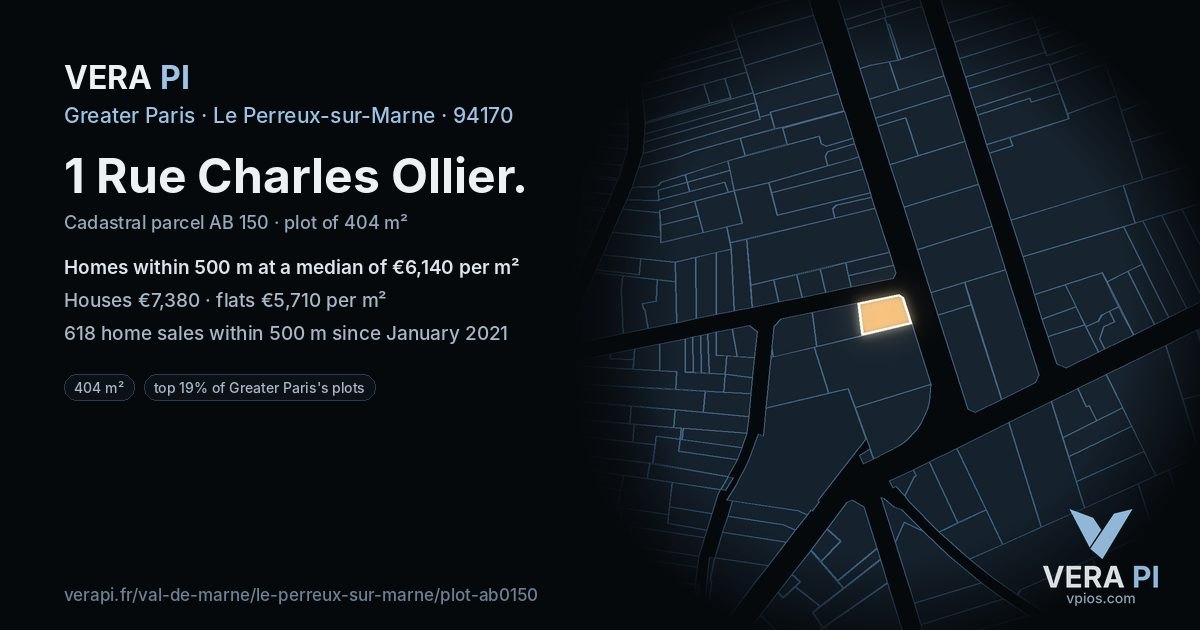 1 Rue Charles Ollier, Le Perreux-sur-Marne at night – the plot lit, the parcels around coloured by the prices near them