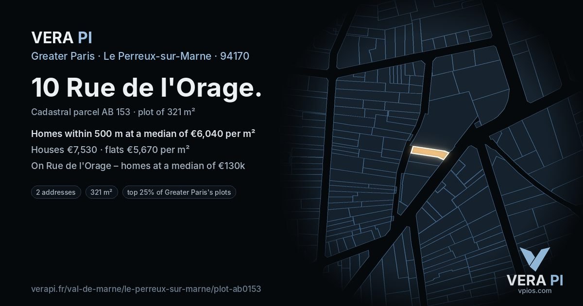 10 Rue de l'Orage, Le Perreux-sur-Marne at night – the plot lit, the parcels around coloured by the prices near them