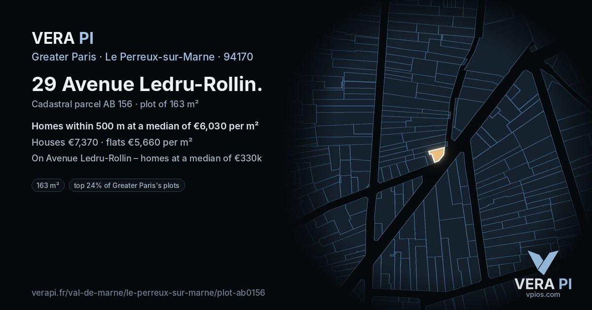 29 Avenue Ledru-Rollin, Le Perreux-sur-Marne at night – the plot lit, the parcels around coloured by the prices near them