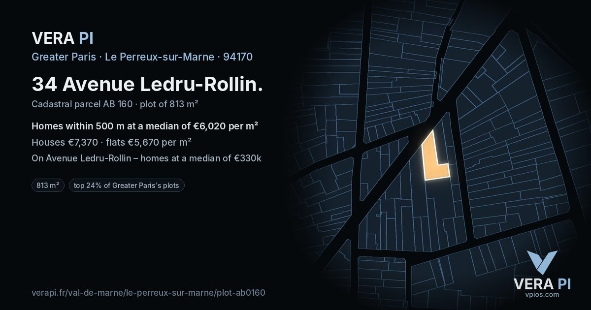 34 Avenue Ledru-Rollin, Le Perreux-sur-Marne at night – the plot lit, the parcels around coloured by the prices near them