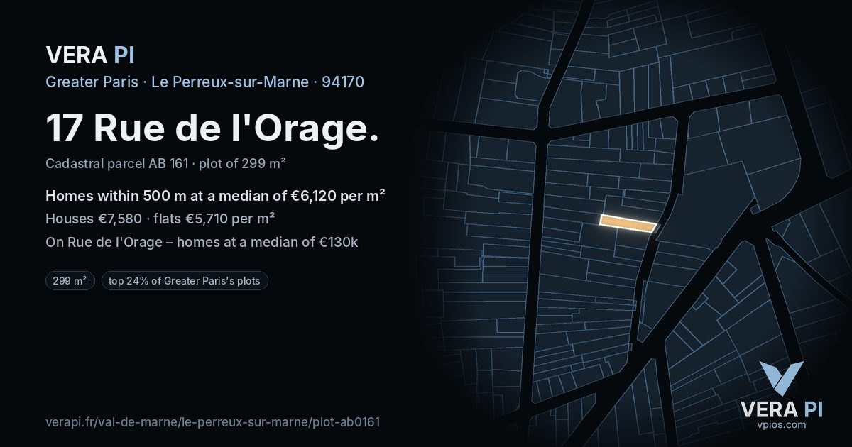 17 Rue de l'Orage, Le Perreux-sur-Marne at night – the plot lit, the parcels around coloured by the prices near them