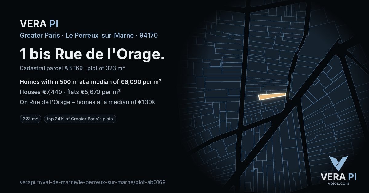 1 bis Rue de l'Orage, Le Perreux-sur-Marne at night – the plot lit, the parcels around coloured by the prices near them