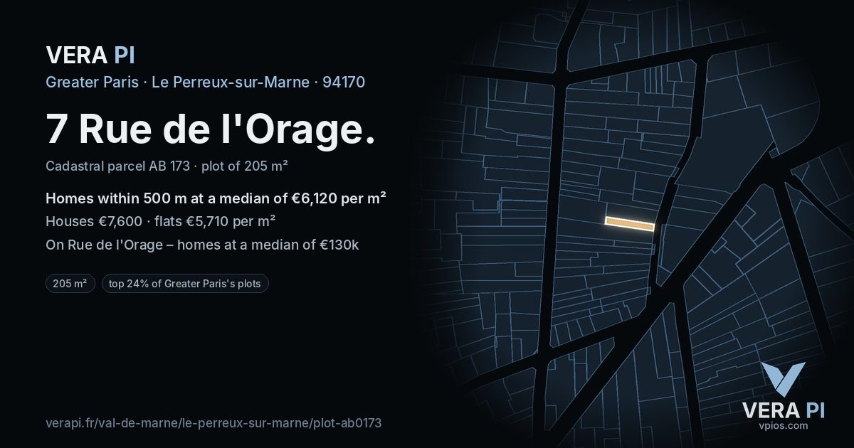 7 Rue de l'Orage, Le Perreux-sur-Marne at night – the plot lit, the parcels around coloured by the prices near them
