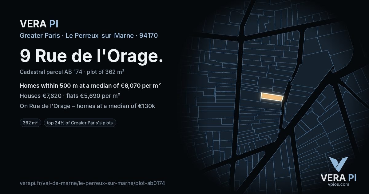 9 Rue de l'Orage, Le Perreux-sur-Marne at night – the plot lit, the parcels around coloured by the prices near them