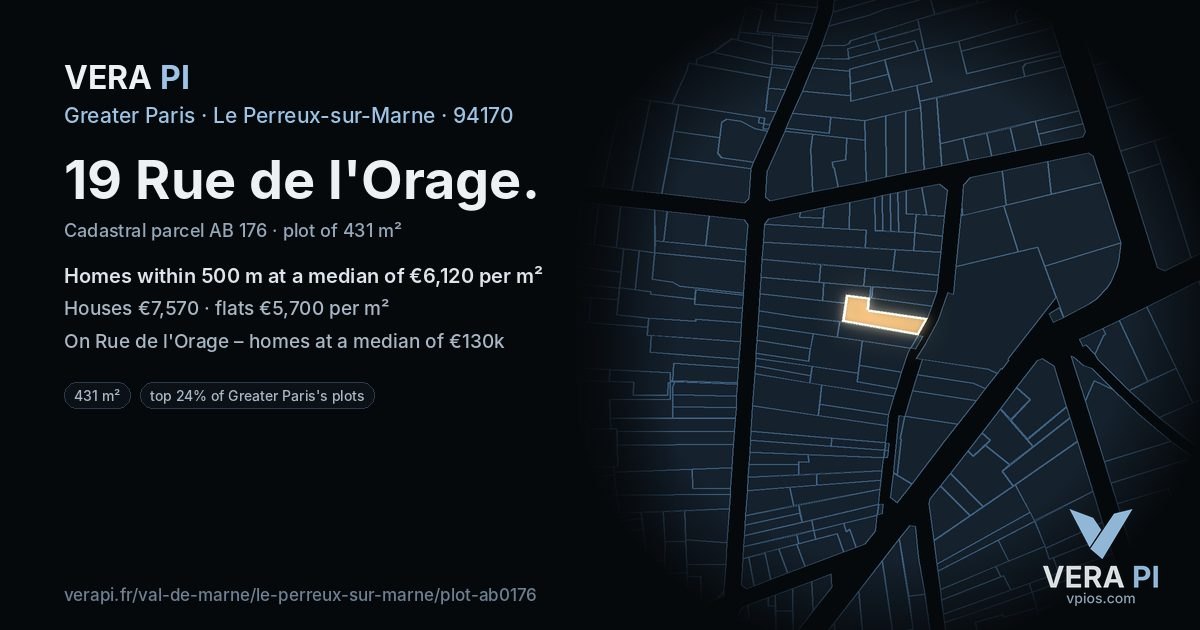 19 Rue de l'Orage, Le Perreux-sur-Marne at night – the plot lit, the parcels around coloured by the prices near them