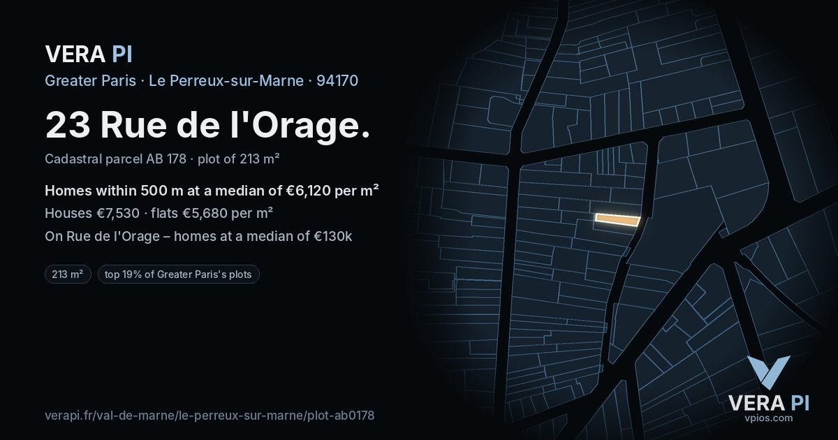 23 Rue de l'Orage, Le Perreux-sur-Marne at night – the plot lit, the parcels around coloured by the prices near them