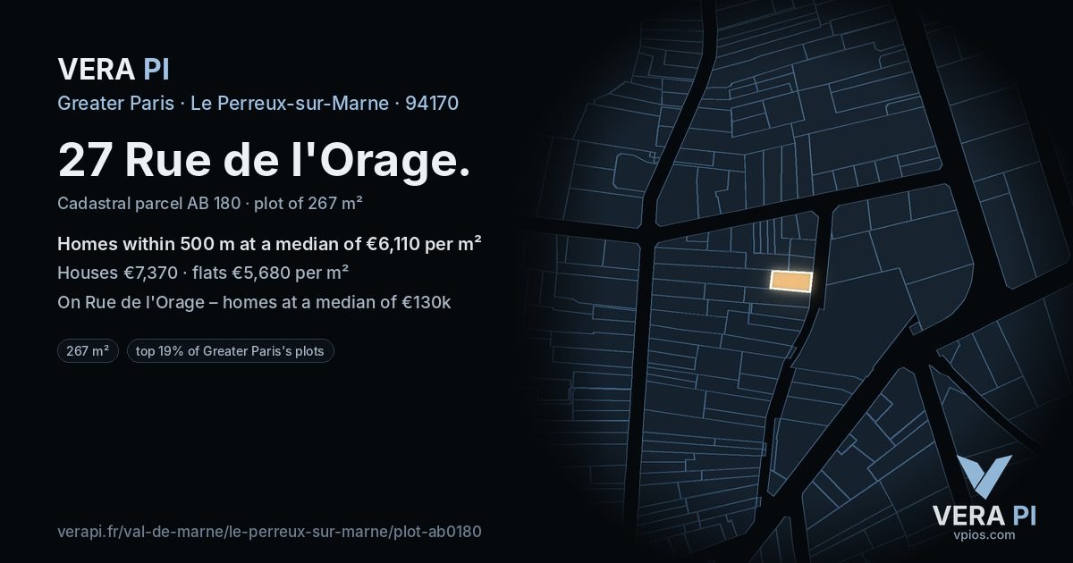 27 Rue de l'Orage, Le Perreux-sur-Marne at night – the plot lit, the parcels around coloured by the prices near them