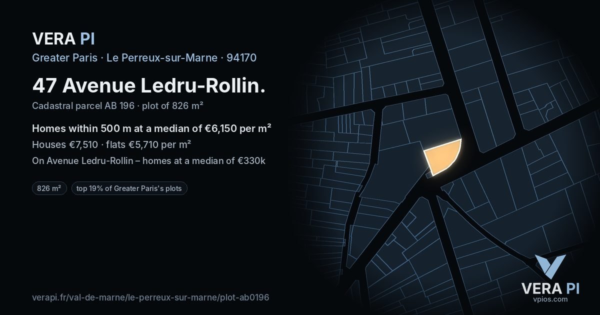 47 Avenue Ledru-Rollin, Le Perreux-sur-Marne at night – the plot lit, the parcels around coloured by the prices near them
