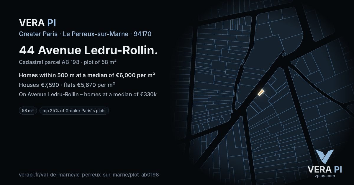 44 Avenue Ledru-Rollin, Le Perreux-sur-Marne at night – the plot lit, the parcels around coloured by the prices near them