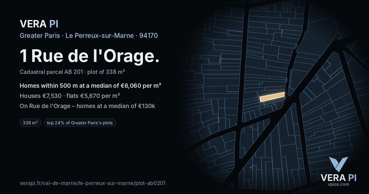 1 Rue de l'Orage, Le Perreux-sur-Marne at night – the plot lit, the parcels around coloured by the prices near them