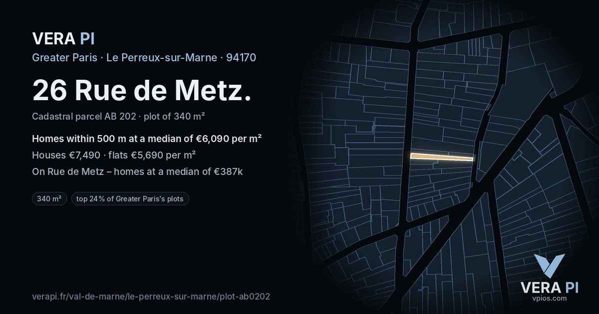 26 Rue de Metz, Le Perreux-sur-Marne at night – the plot lit, the parcels around coloured by the prices near them