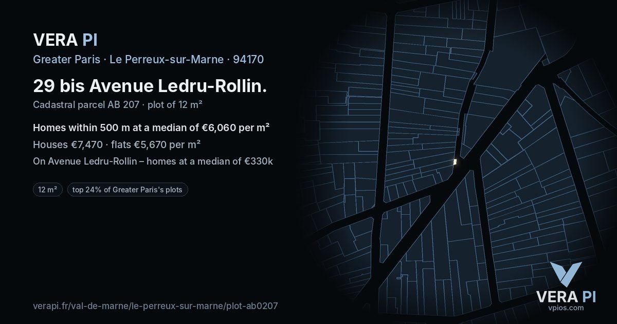 29 bis Avenue Ledru-Rollin, Le Perreux-sur-Marne at night – the plot lit, the parcels around coloured by the prices near them