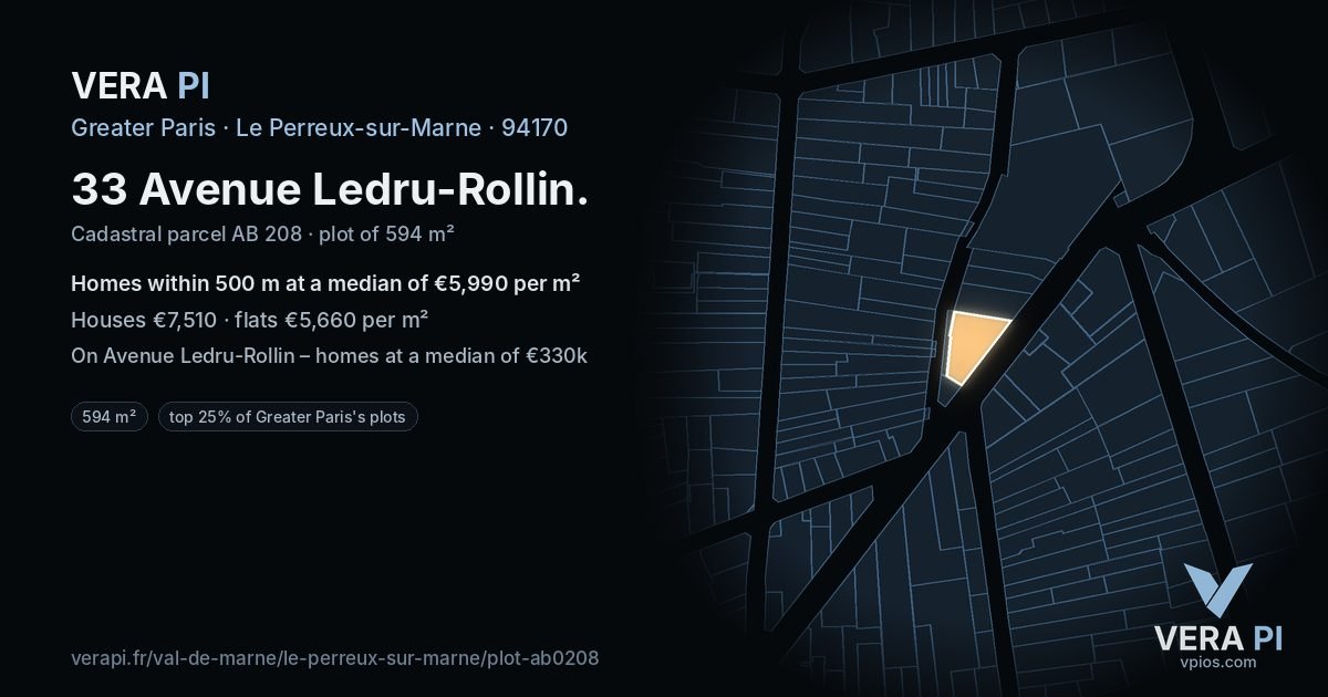 33 Avenue Ledru-Rollin, Le Perreux-sur-Marne at night – the plot lit, the parcels around coloured by the prices near them