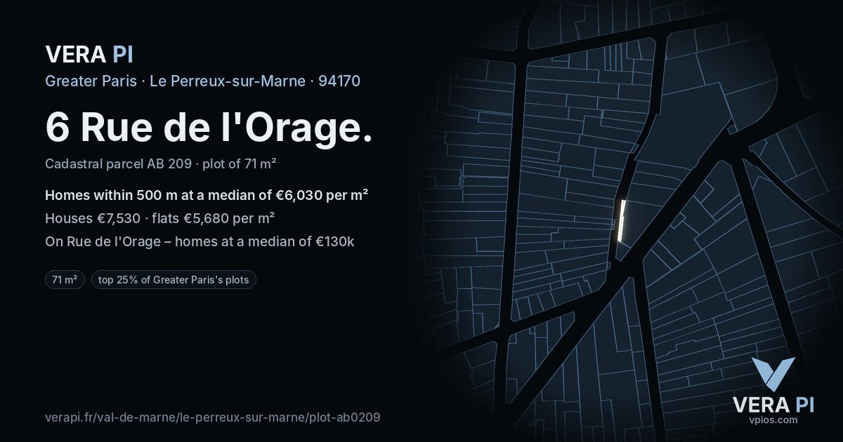 6 Rue de l'Orage, Le Perreux-sur-Marne at night – the plot lit, the parcels around coloured by the prices near them