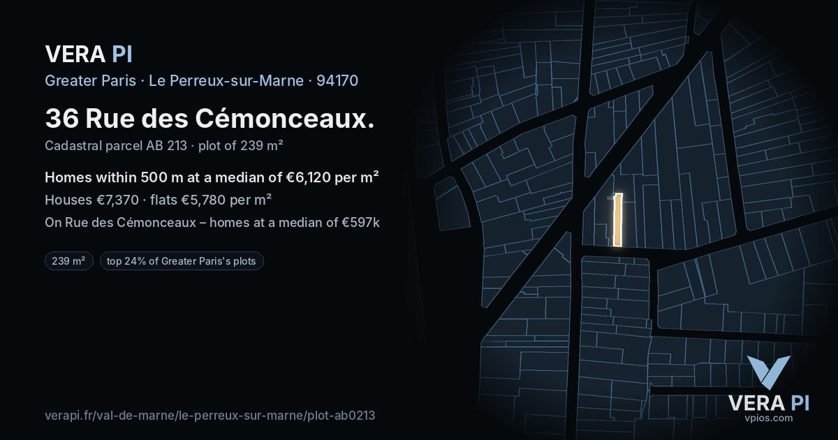 36 Rue des Cémonceaux, Le Perreux-sur-Marne at night – the plot lit, the parcels around coloured by the prices near them