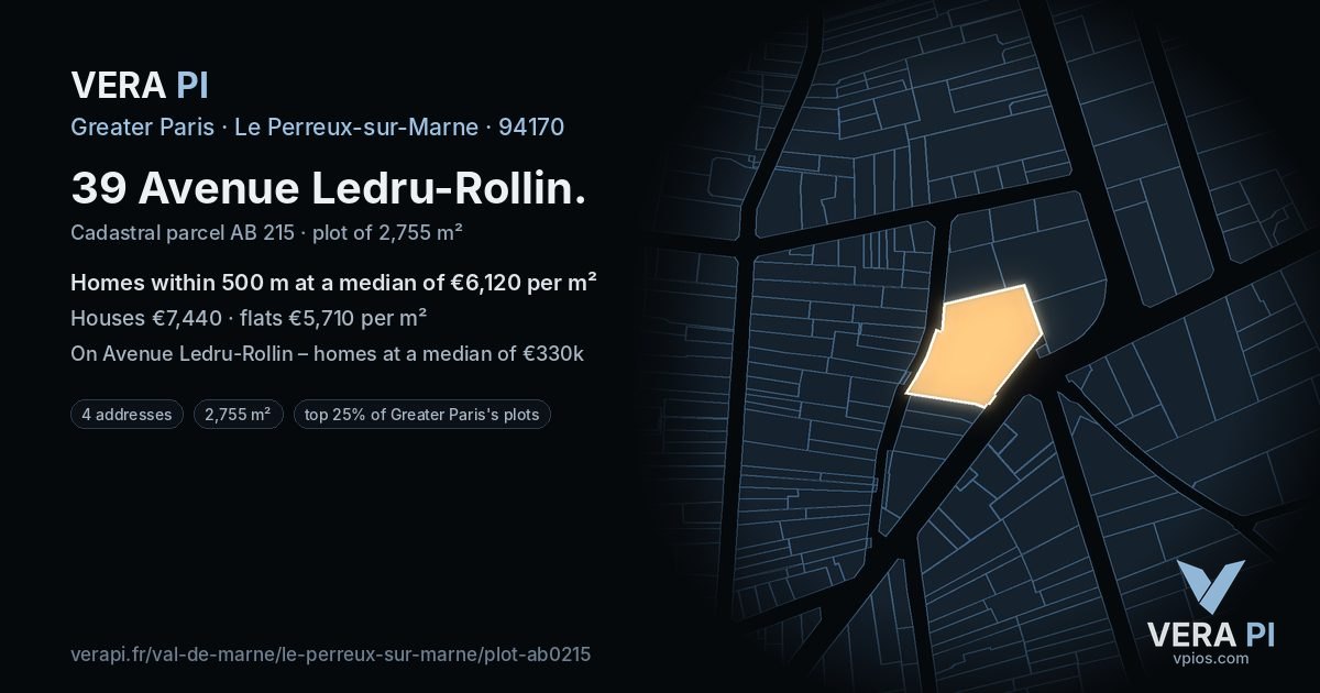 39 Avenue Ledru-Rollin, Le Perreux-sur-Marne at night – the plot lit, the parcels around coloured by the prices near them