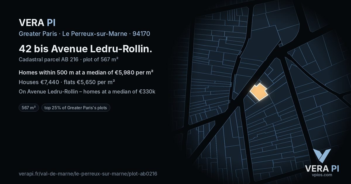 42 bis Avenue Ledru-Rollin, Le Perreux-sur-Marne at night – the plot lit, the parcels around coloured by the prices near them