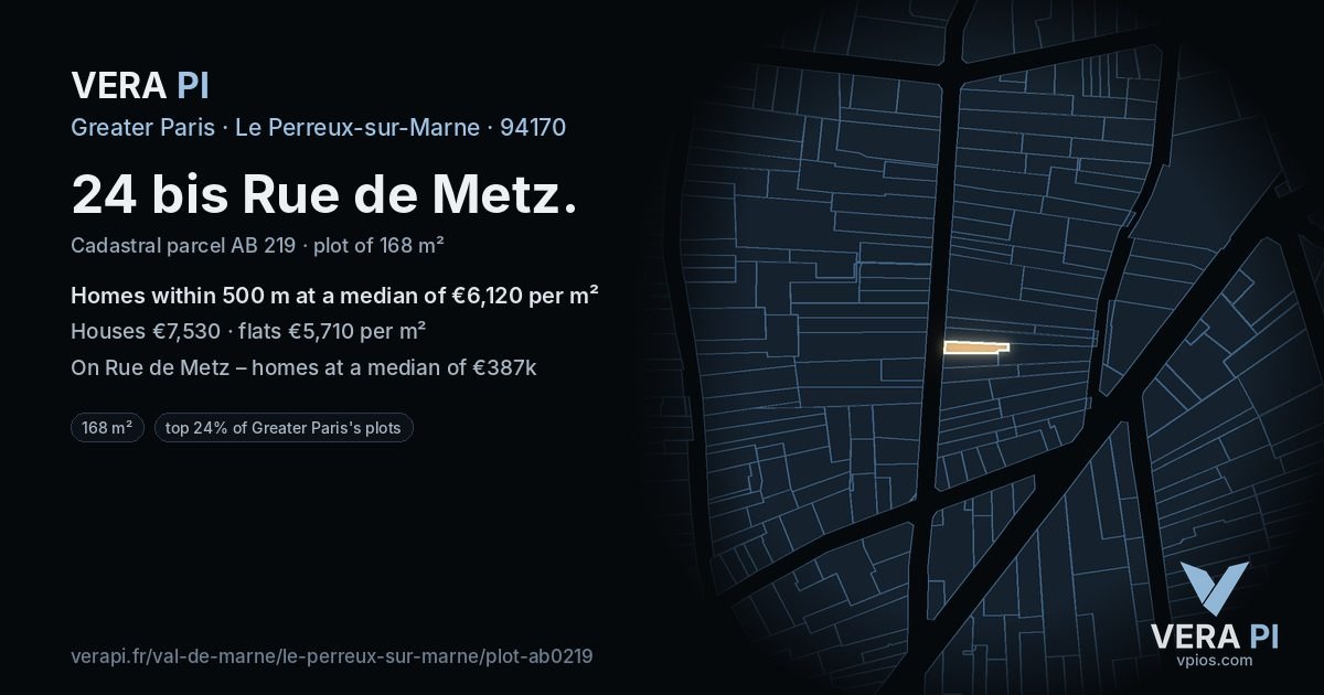 24 bis Rue de Metz, Le Perreux-sur-Marne at night – the plot lit, the parcels around coloured by the prices near them