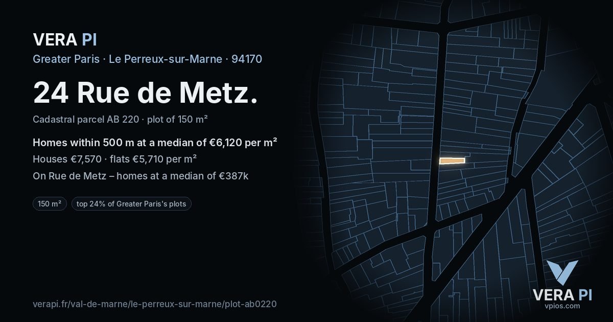 24 Rue de Metz, Le Perreux-sur-Marne at night – the plot lit, the parcels around coloured by the prices near them