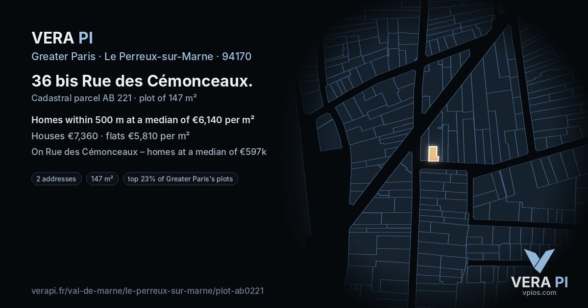 36 bis Rue des Cémonceaux, Le Perreux-sur-Marne at night – the plot lit, the parcels around coloured by the prices near them