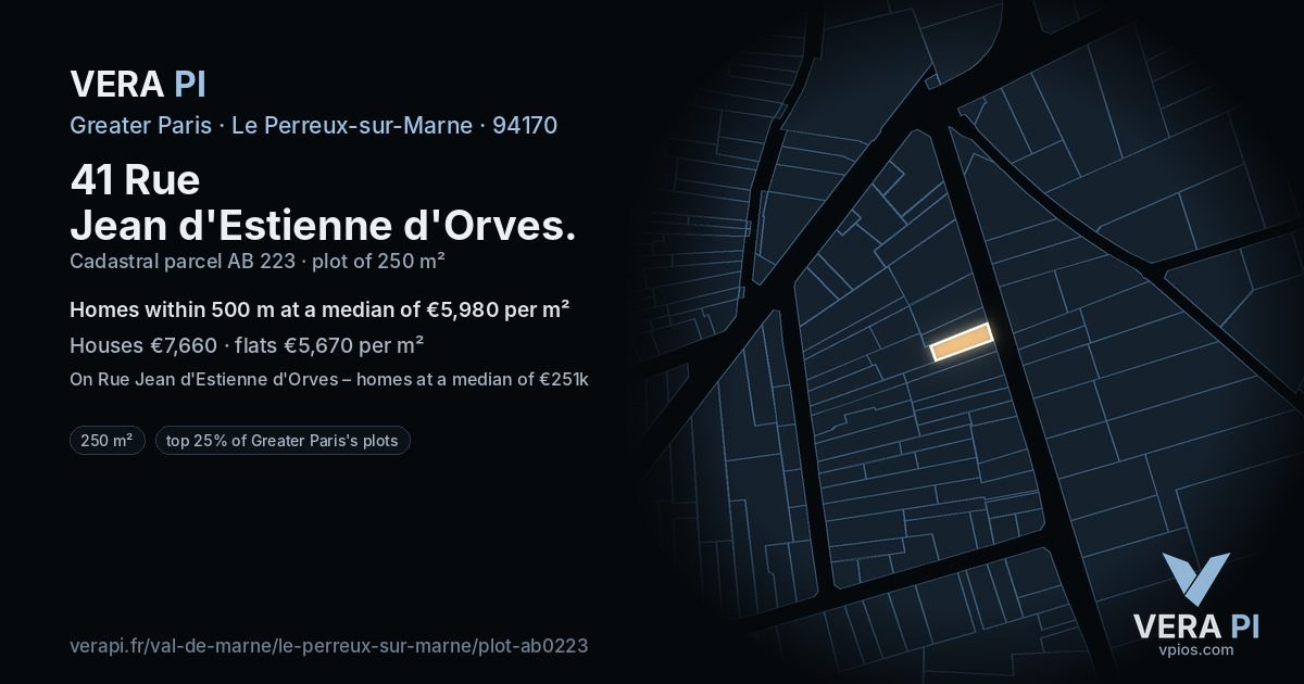 41 Rue Jean d'Estienne d'Orves, Le Perreux-sur-Marne at night – the plot lit, the parcels around coloured by the prices near them