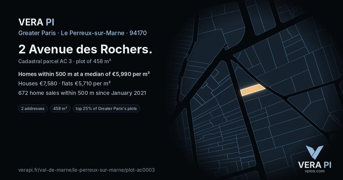 2 Avenue des Rochers, Le Perreux-sur-Marne at night – the plot lit, the parcels around coloured by the prices near them