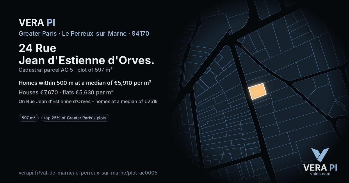 24 Rue Jean d'Estienne d'Orves, Le Perreux-sur-Marne at night – the plot lit, the parcels around coloured by the prices near them