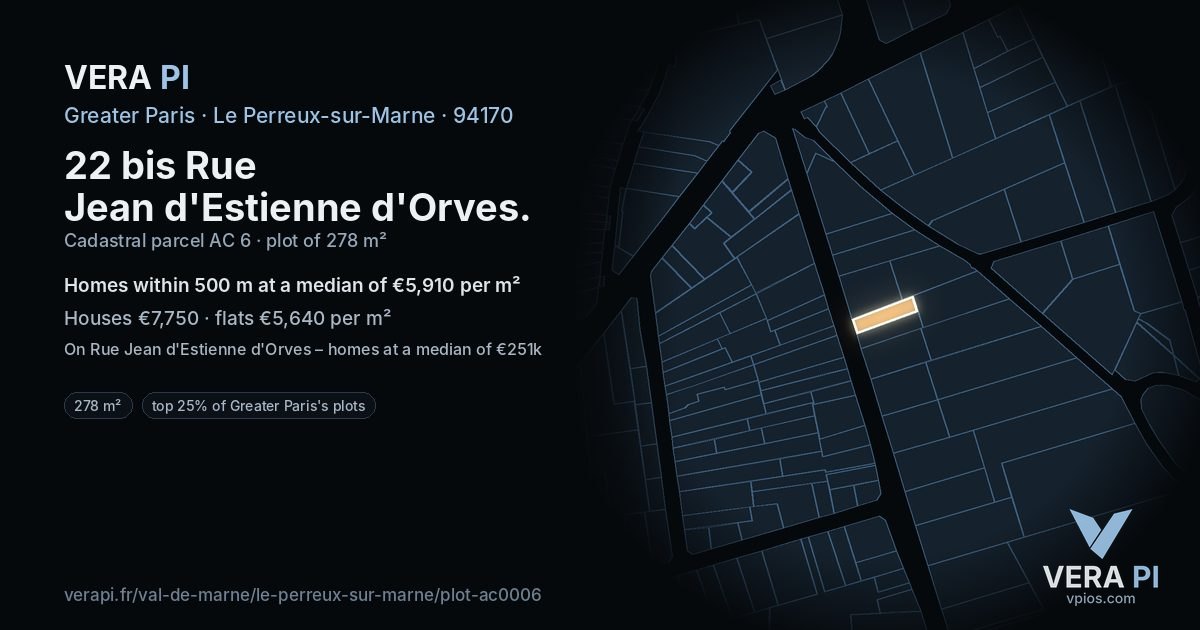 22 bis Rue Jean d'Estienne d'Orves, Le Perreux-sur-Marne at night – the plot lit, the parcels around coloured by the prices near them