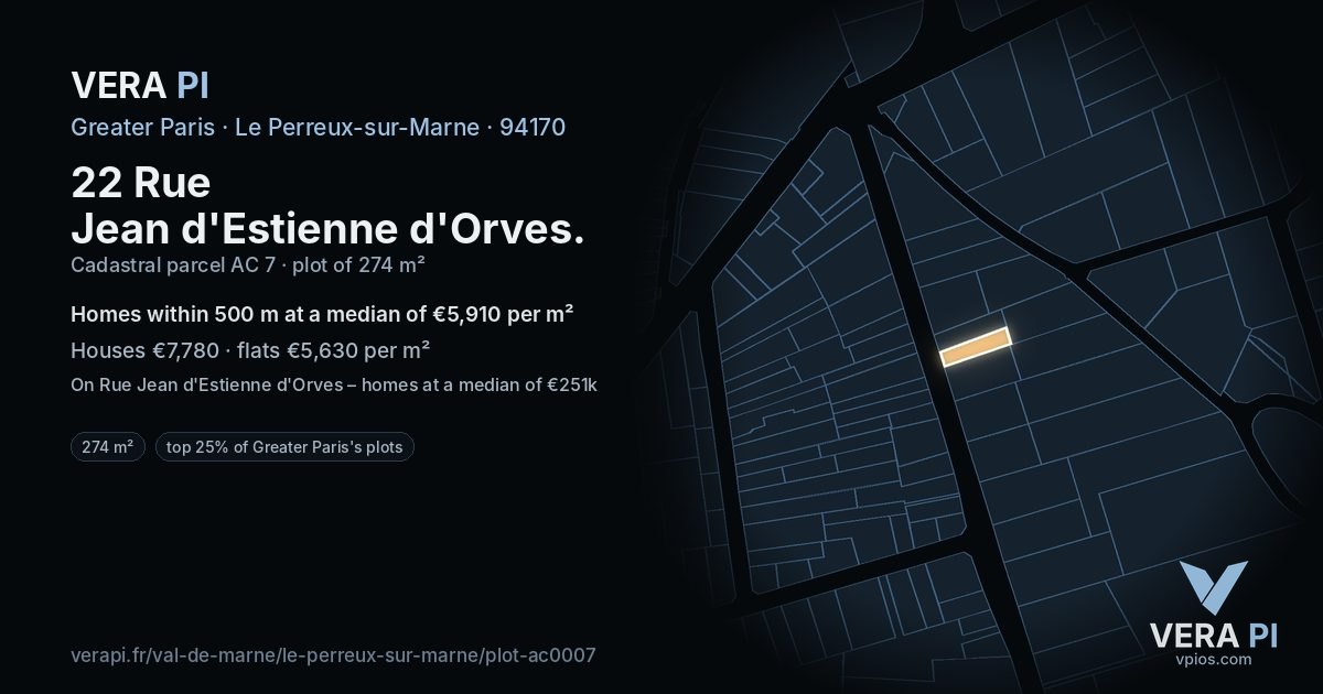 22 Rue Jean d'Estienne d'Orves, Le Perreux-sur-Marne at night – the plot lit, the parcels around coloured by the prices near them