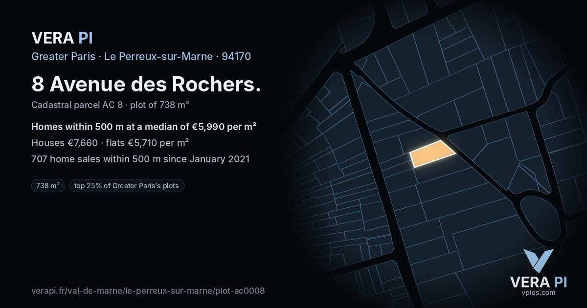 8 Avenue des Rochers, Le Perreux-sur-Marne at night – the plot lit, the parcels around coloured by the prices near them