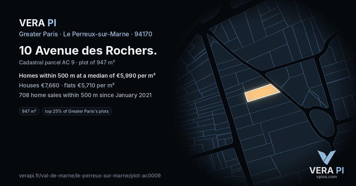 10 Avenue des Rochers, Le Perreux-sur-Marne at night – the plot lit, the parcels around coloured by the prices near them
