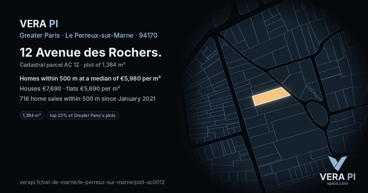12 Avenue des Rochers, Le Perreux-sur-Marne at night – the plot lit, the parcels around coloured by the prices near them