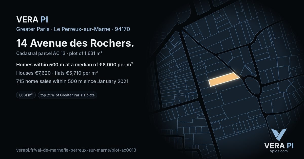 14 Avenue des Rochers, Le Perreux-sur-Marne at night – the plot lit, the parcels around coloured by the prices near them