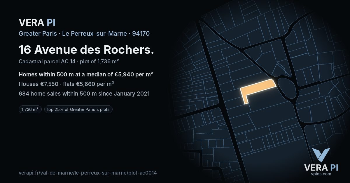 16 Avenue des Rochers, Le Perreux-sur-Marne at night – the plot lit, the parcels around coloured by the prices near them