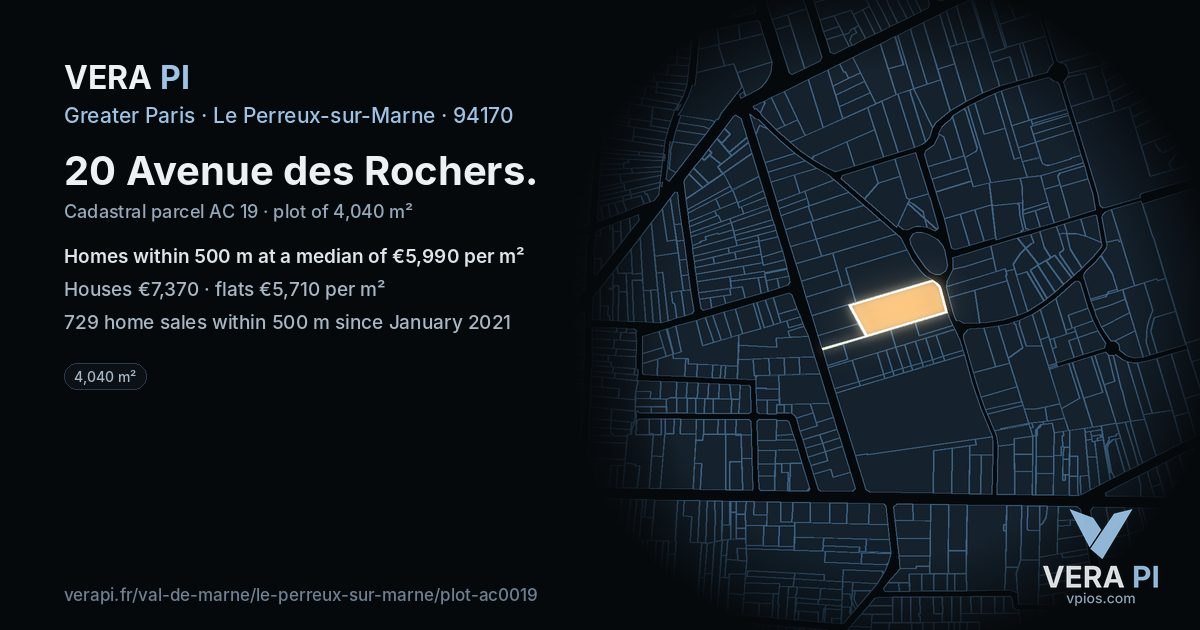 20 Avenue des Rochers, Le Perreux-sur-Marne at night – the plot lit, the parcels around coloured by the prices near them