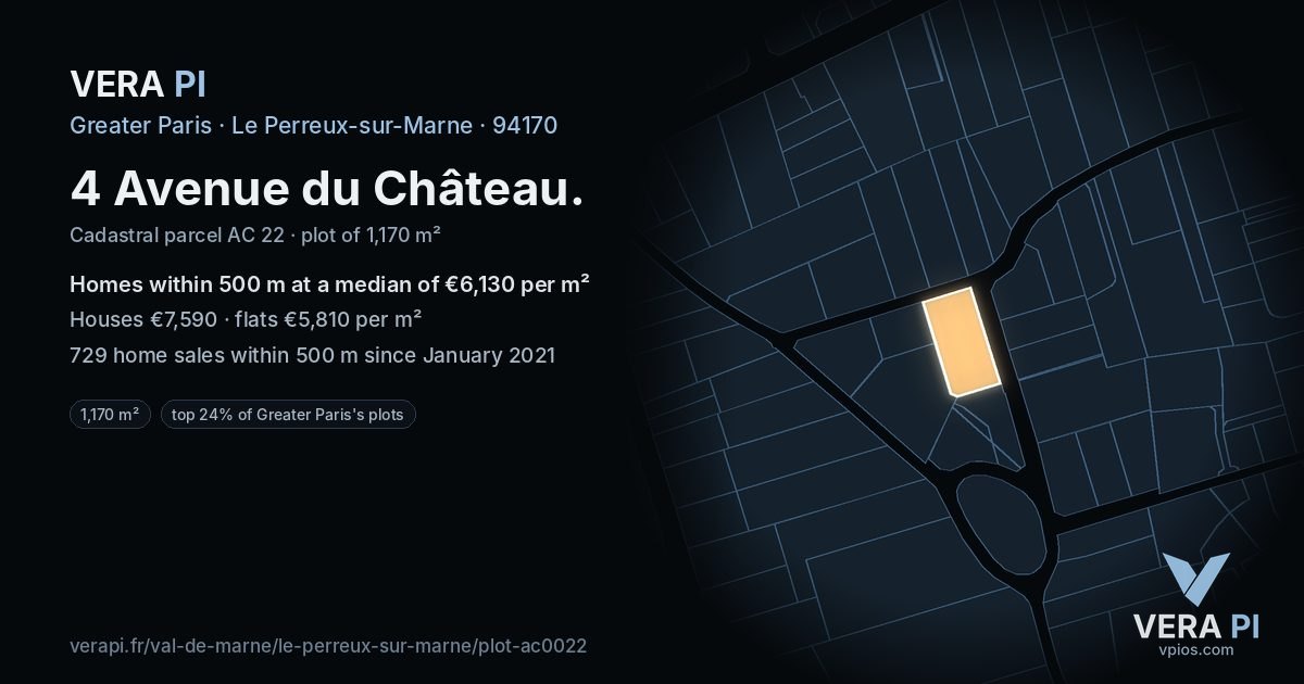 4 Avenue du Château, Le Perreux-sur-Marne at night – the plot lit, the parcels around coloured by the prices near them