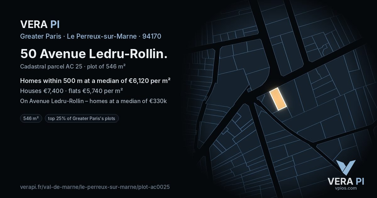 50 Avenue Ledru-Rollin, Le Perreux-sur-Marne at night – the plot lit, the parcels around coloured by the prices near them