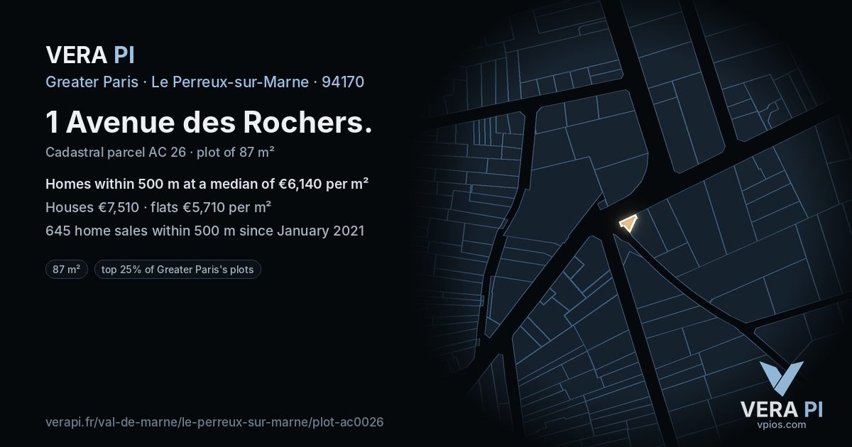 1 Avenue des Rochers, Le Perreux-sur-Marne at night – the plot lit, the parcels around coloured by the prices near them