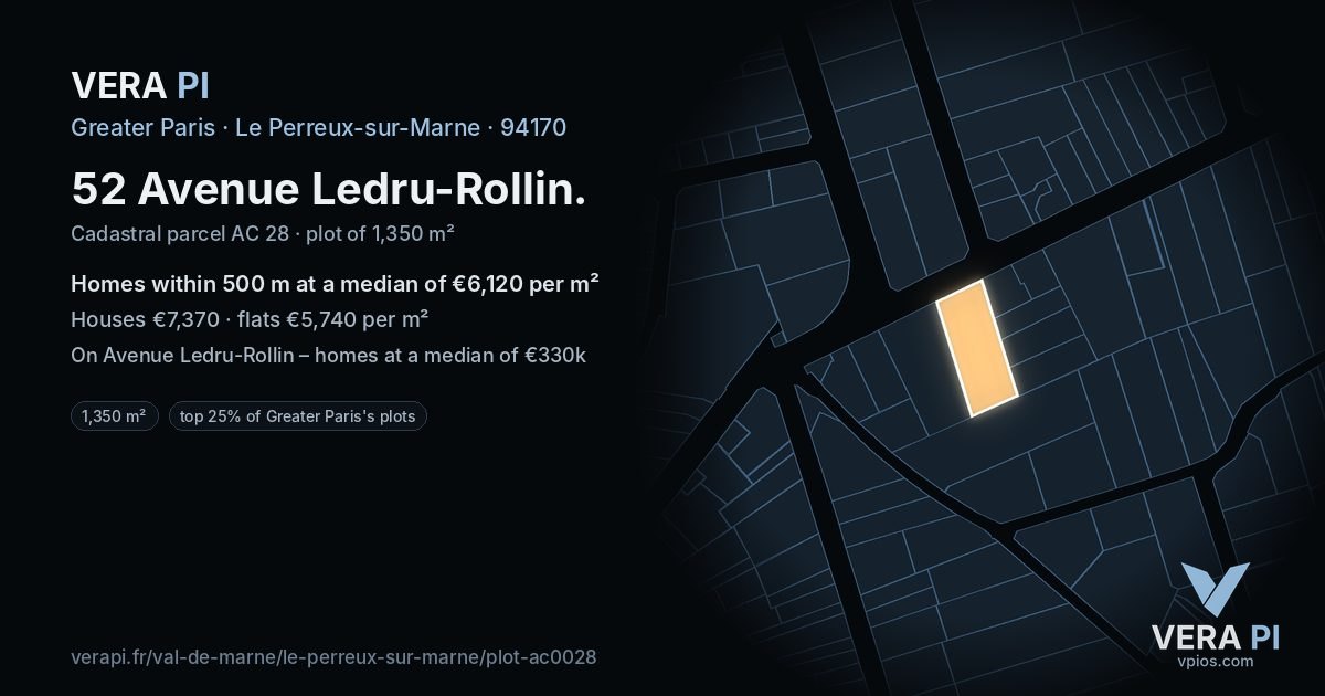52 Avenue Ledru-Rollin, Le Perreux-sur-Marne at night – the plot lit, the parcels around coloured by the prices near them