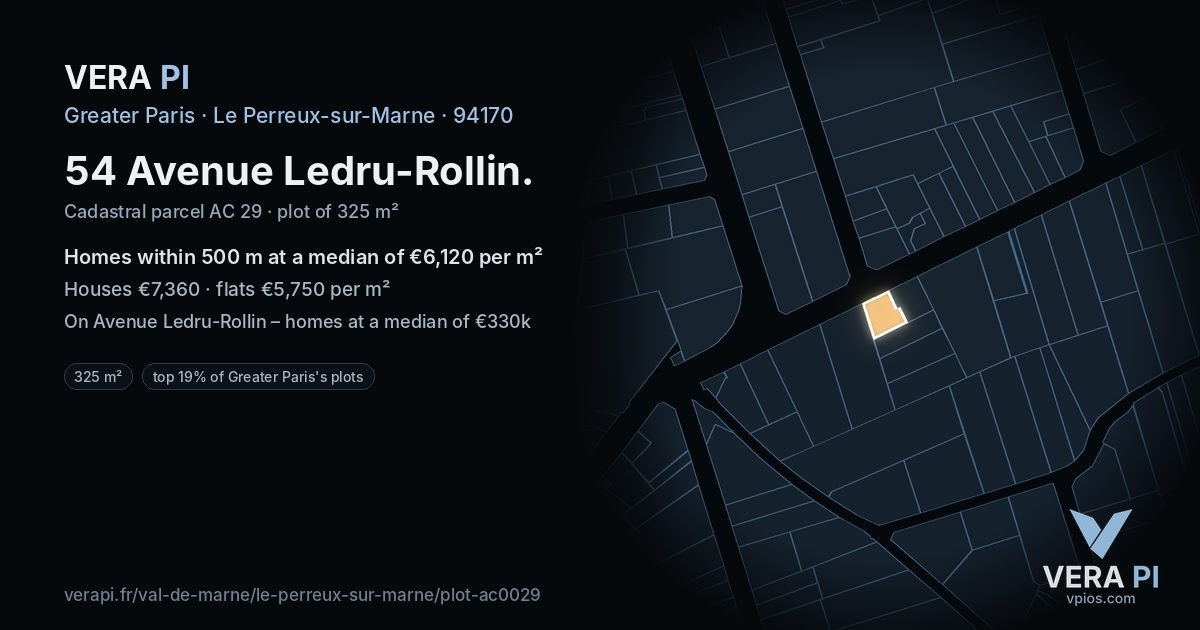 54 Avenue Ledru-Rollin, Le Perreux-sur-Marne at night – the plot lit, the parcels around coloured by the prices near them