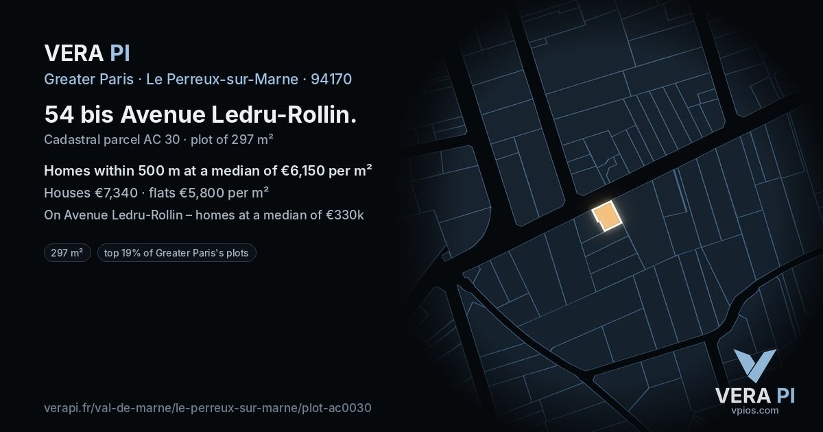 54 bis Avenue Ledru-Rollin, Le Perreux-sur-Marne at night – the plot lit, the parcels around coloured by the prices near them