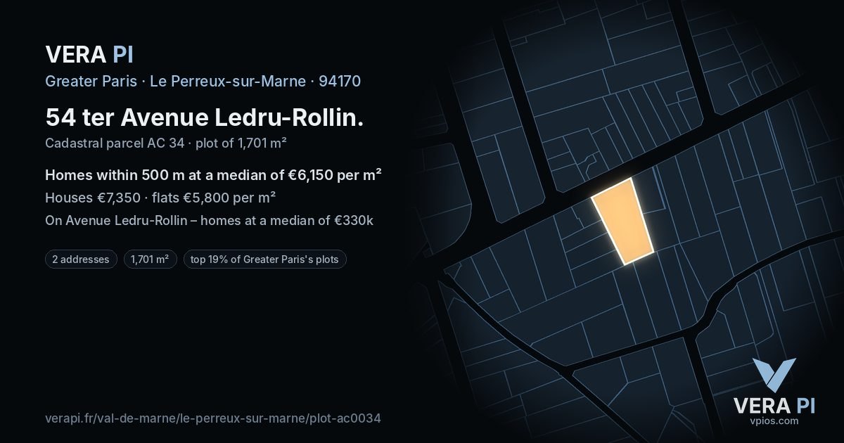 54 ter Avenue Ledru-Rollin, Le Perreux-sur-Marne at night – the plot lit, the parcels around coloured by the prices near them