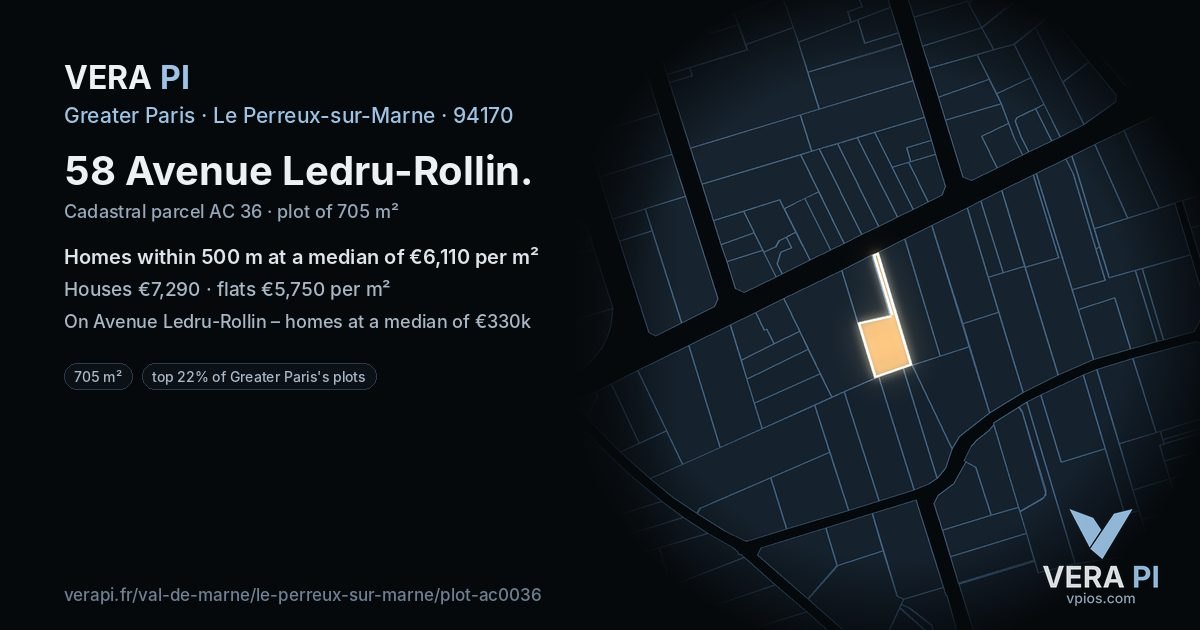 58 Avenue Ledru-Rollin, Le Perreux-sur-Marne at night – the plot lit, the parcels around coloured by the prices near them
