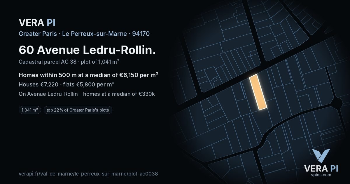 60 Avenue Ledru-Rollin, Le Perreux-sur-Marne at night – the plot lit, the parcels around coloured by the prices near them