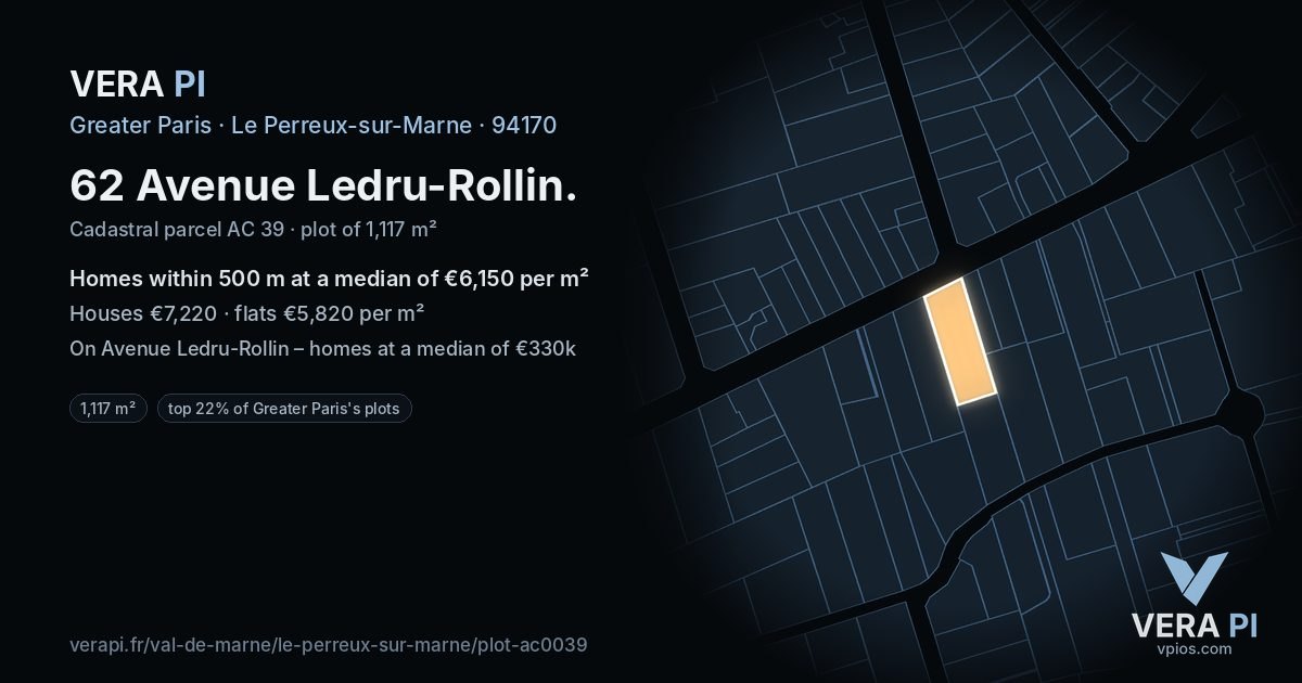 62 Avenue Ledru-Rollin, Le Perreux-sur-Marne at night – the plot lit, the parcels around coloured by the prices near them