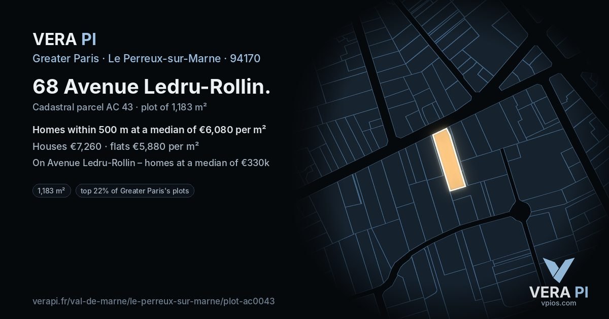 68 Avenue Ledru-Rollin, Le Perreux-sur-Marne at night – the plot lit, the parcels around coloured by the prices near them